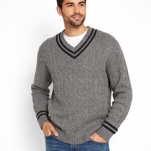 Old Navy Cable‎ Knit V Neck Sweater Gray Striped Trim Mens XL Extra Large